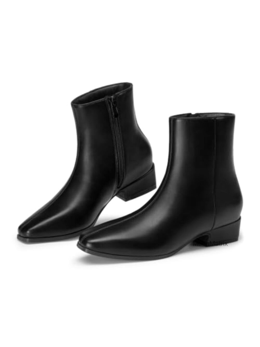 Faux Leather Square Toe Chunky Low Heel Ankle Boots Side Zipper